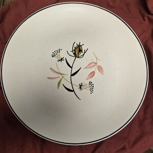 White Stoneware Dinner Plate with Pink and Gold Floral Design and Black Rim